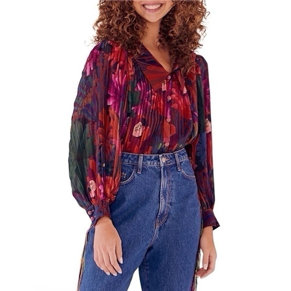 Farm Rio Bird Flowers Pleated Shirt Multicolor - Picture 2 of 13